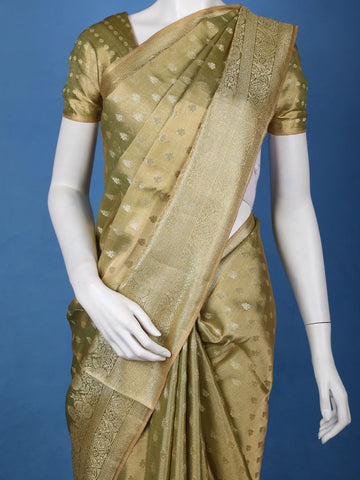 Olive Green Floral Brocade Design Tissue Saree - Diadem