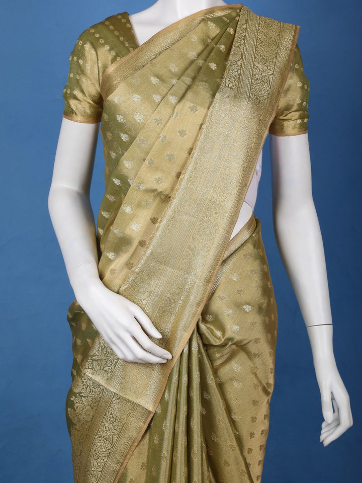 Olive Green Floral Brocade Design Tissue Saree - Diadem