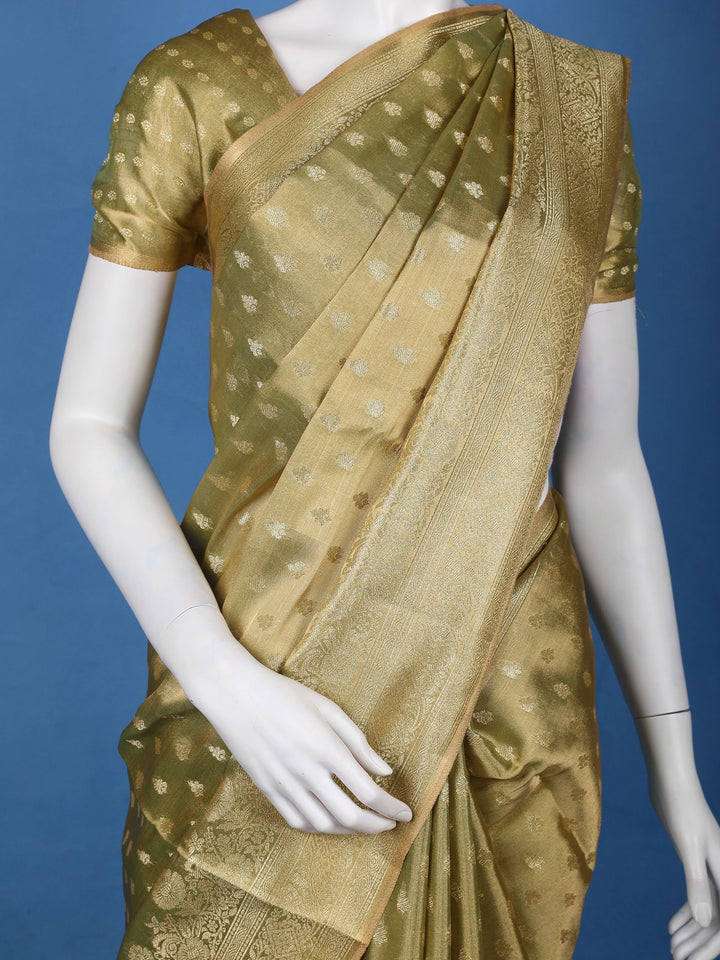 Olive Green Floral Brocade Design Tissue Saree - Diadem