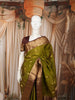 Olive Green Floral Butta Zari Woven Design Pure Kanchipuram Silk Saree with Contrast Zari Border