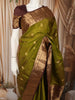 Olive Green Floral Butta Zari Woven Design Pure Kanchipuram Silk Saree with Contrast Zari Border