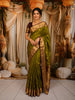 Olive Green Floral Butta Zari Woven Design Pure Kanchipuram Silk Saree with Contrast Zari Border