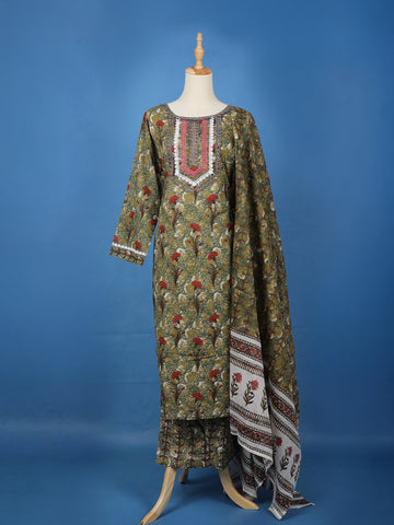 Olive Green Floral Design Printed Cotton Salwar Suit - Diadem