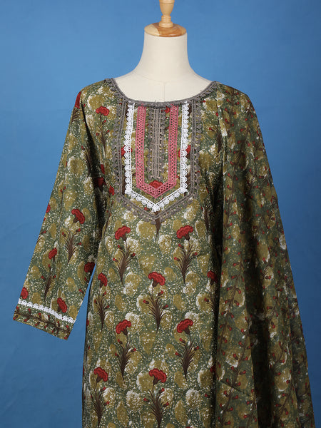 Olive Green Floral Design Printed Cotton Salwar Suit - Diadem
