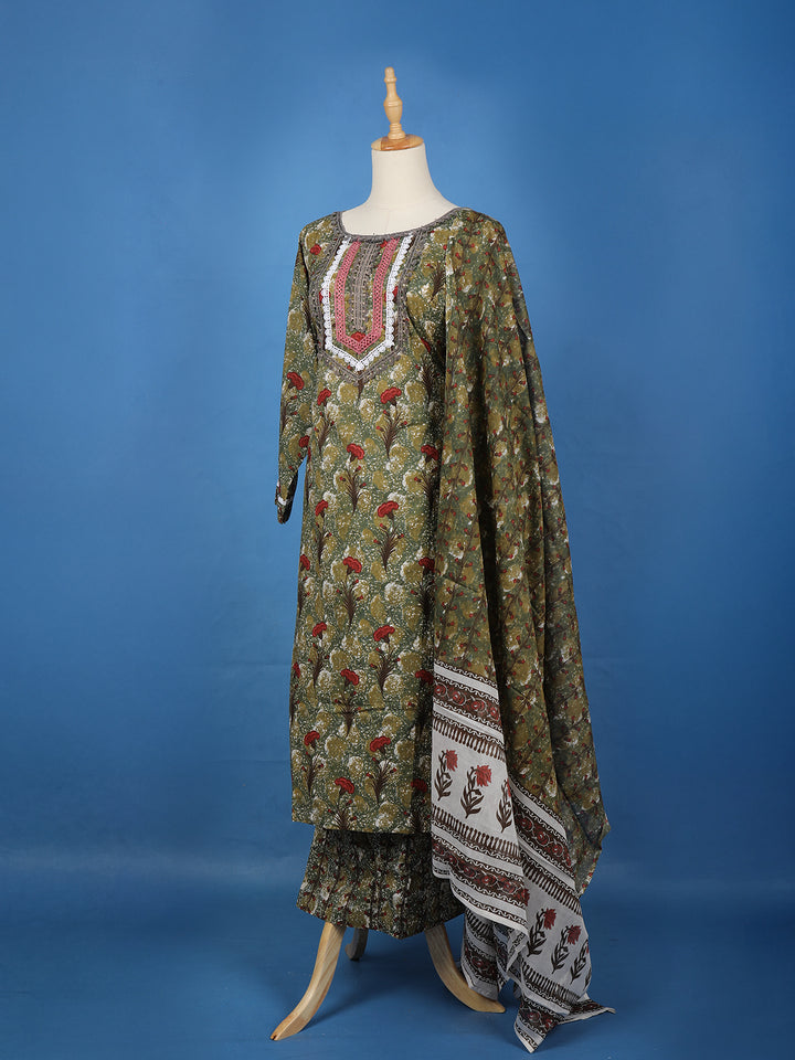 Olive Green Floral Design Printed Cotton Salwar Suit - Diadem