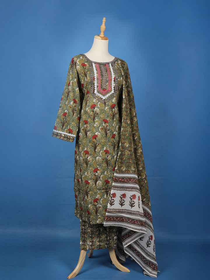 Olive Green Floral Design Printed Cotton Salwar Suit - Diadem