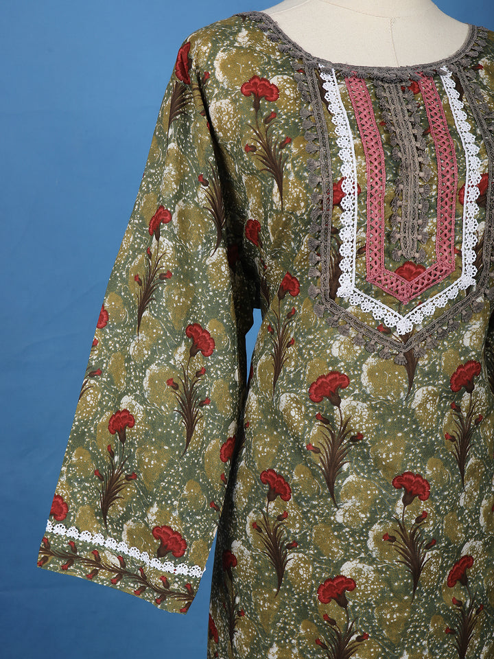 Olive Green Floral Design Printed Cotton Salwar Suit - Diadem