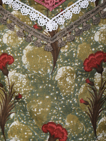 Olive Green Floral Design Printed Cotton Salwar Suit - Diadem