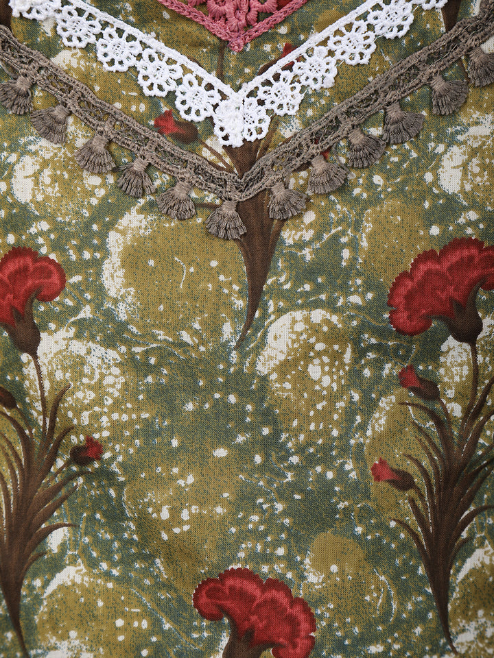 Olive Green Floral Design Printed Cotton Salwar Suit - Diadem