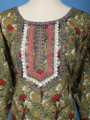 Olive Green Floral Design Printed Cotton Salwar Suit - Diadem