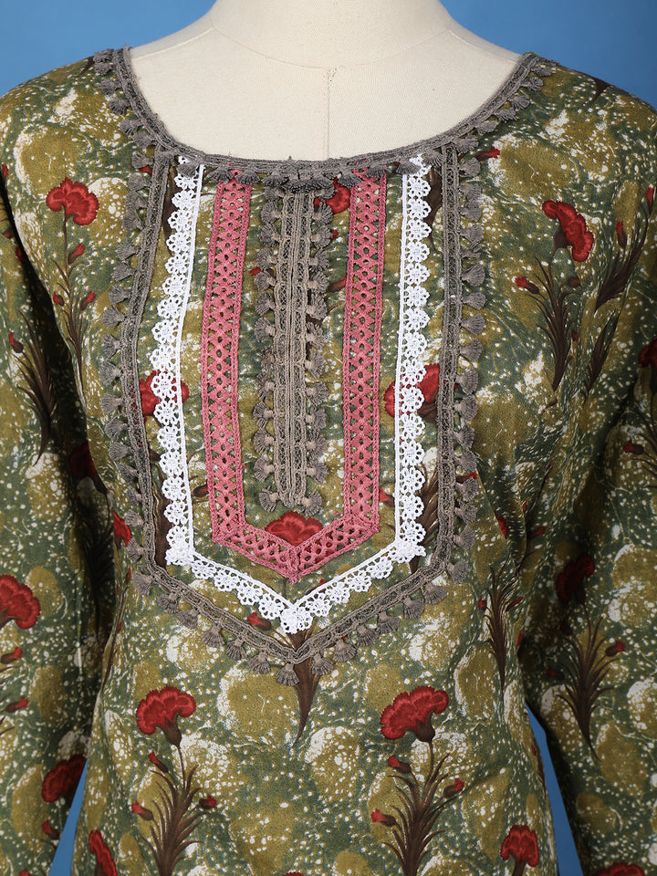 Olive Green Floral Design Printed Cotton Salwar Suit - Diadem