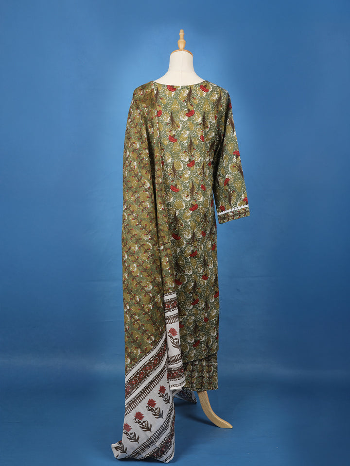 Olive Green Floral Design Printed Cotton Salwar Suit - Diadem