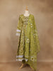 Olive Green Floral Printed Cotton Anarkali Suit with Dupatta - Diadem