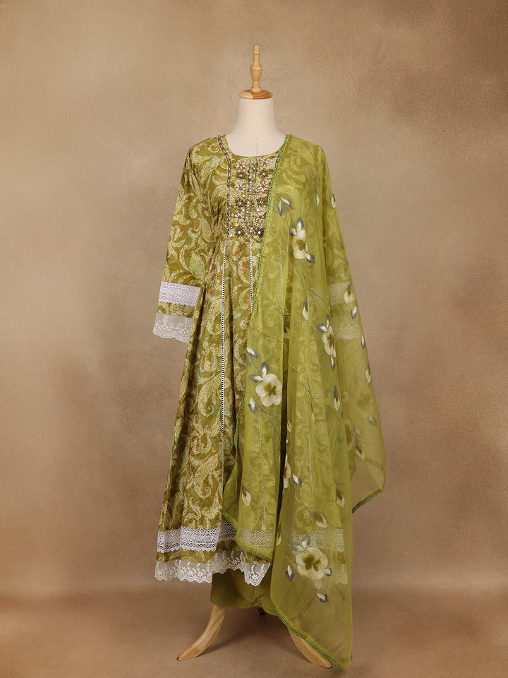 Olive Green Floral Printed Cotton Anarkali Suit with Dupatta - Diadem
