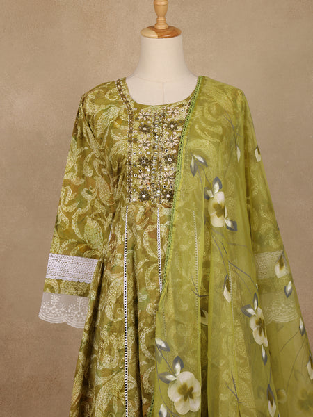 Olive Green Floral Printed Cotton Anarkali Suit with Dupatta - Diadem