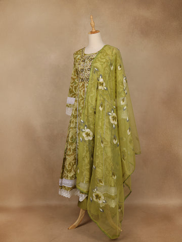 Olive Green Floral Printed Cotton Anarkali Suit with Dupatta - Diadem