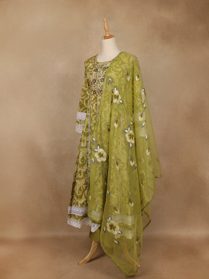 Olive Green Floral Printed Cotton Anarkali Suit with Dupatta - Diadem