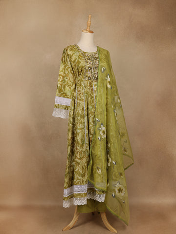 Olive Green Floral Printed Cotton Anarkali Suit with Dupatta - Diadem