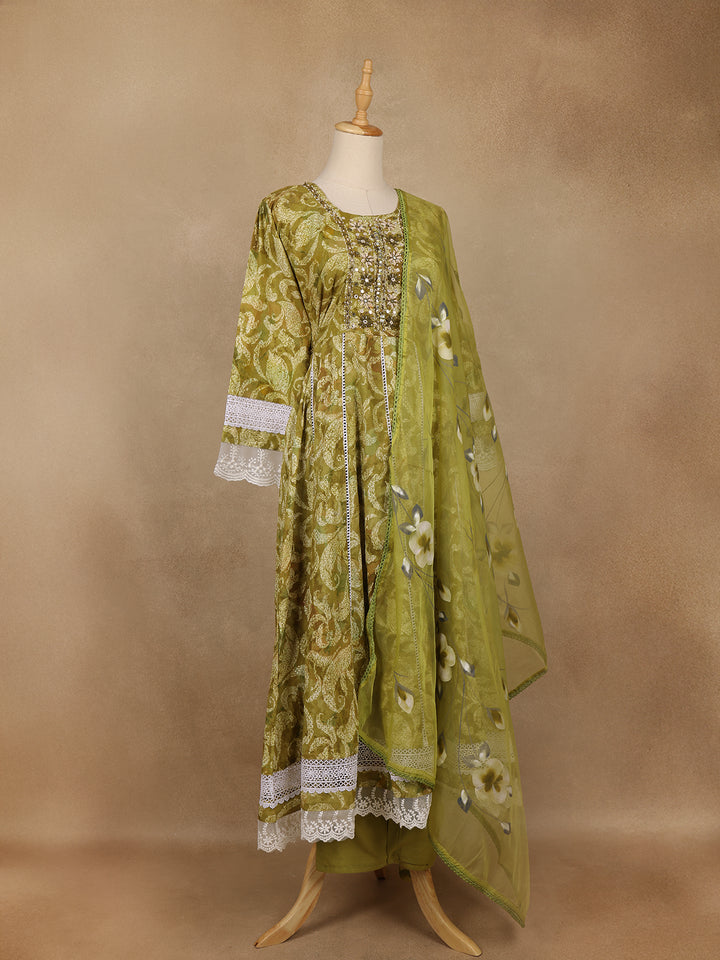 Olive Green Floral Printed Cotton Anarkali Suit with Dupatta - Diadem