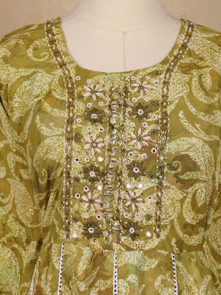 Olive Green Floral Printed Cotton Anarkali Suit with Dupatta - Diadem