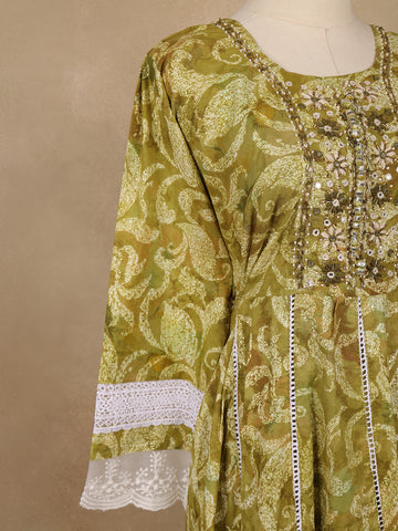 Olive Green Floral Printed Cotton Anarkali Suit with Dupatta - Diadem