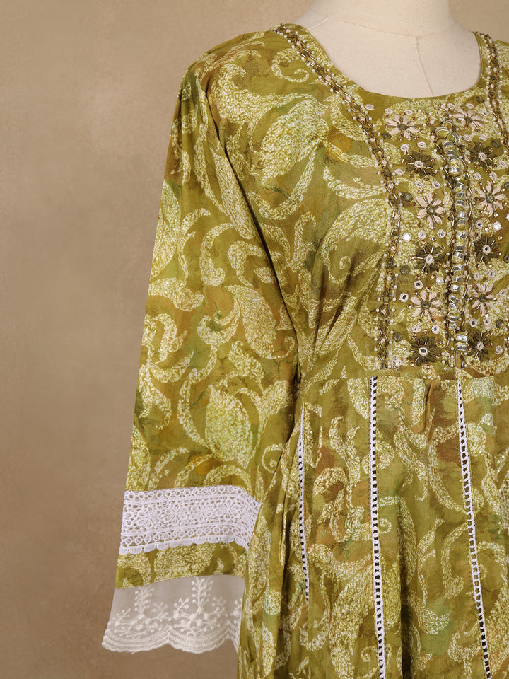 Olive Green Floral Printed Cotton Anarkali Suit with Dupatta - Diadem