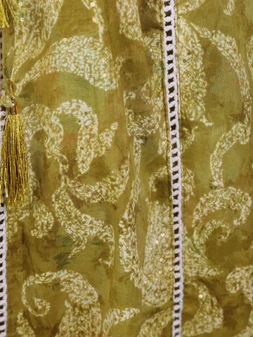 Olive Green Floral Printed Cotton Anarkali Suit with Dupatta - Diadem