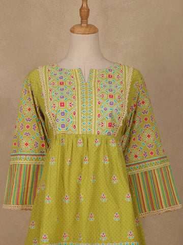 Olive Green Floral Printed Cotton Kurti Top - Diadem