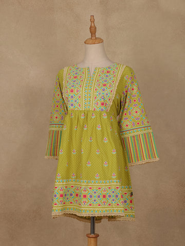 Olive Green Floral Printed Cotton Kurti Top - Diadem