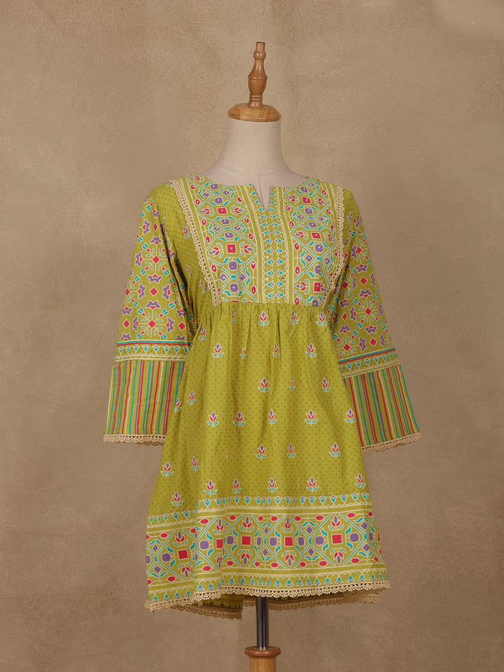 Olive Green Floral Printed Cotton Kurti Top - Diadem