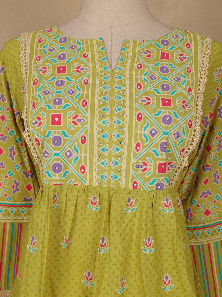 Olive Green Floral Printed Cotton Kurti Top - Diadem