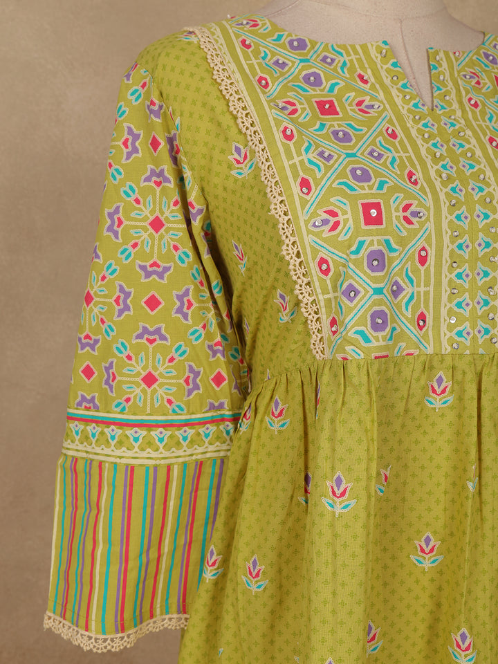 Olive Green Floral Printed Cotton Kurti Top - Diadem