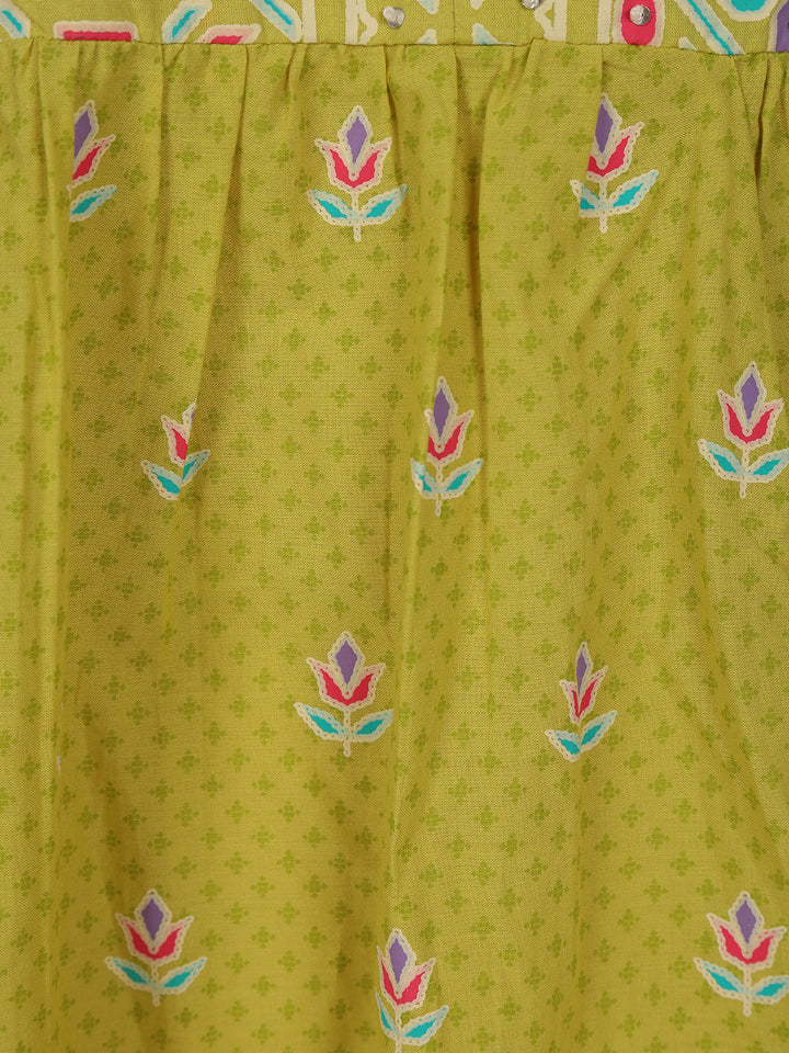 Olive Green Floral Printed Cotton Kurti Top - Diadem
