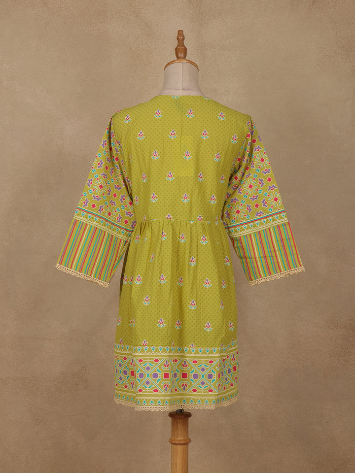 Olive Green Floral Printed Cotton Kurti Top - Diadem