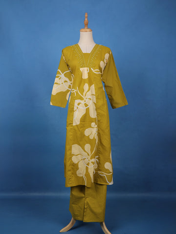 Olive Green Floral Printed Cotton Salwar Suit - Diadem