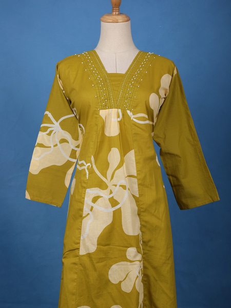 Olive Green Floral Printed Cotton Salwar Suit - Diadem