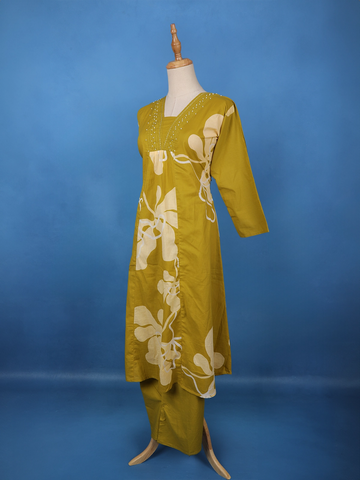 Olive Green Floral Printed Cotton Salwar Suit - Diadem