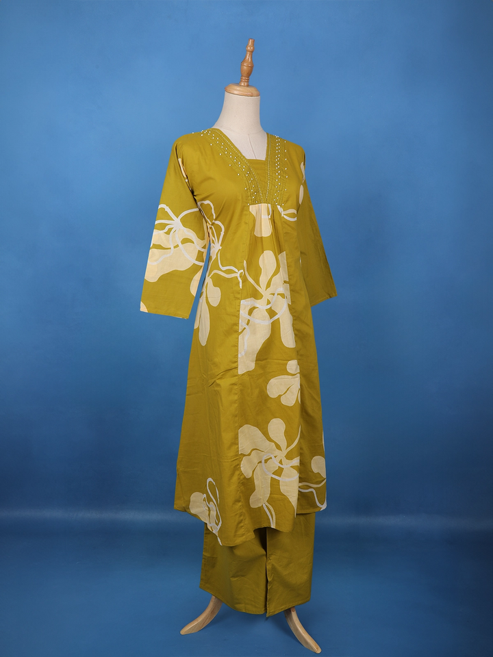 Olive Green Floral Printed Cotton Salwar Suit - Diadem