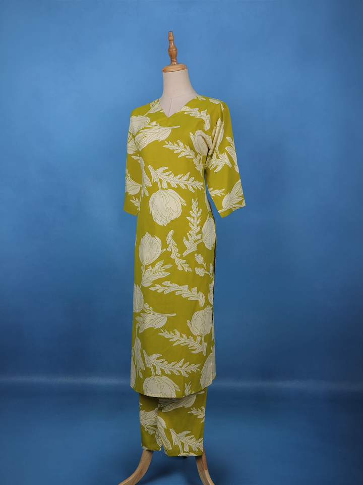 Olive Green Floral Printed Cotton Salwar Suit - Diadem