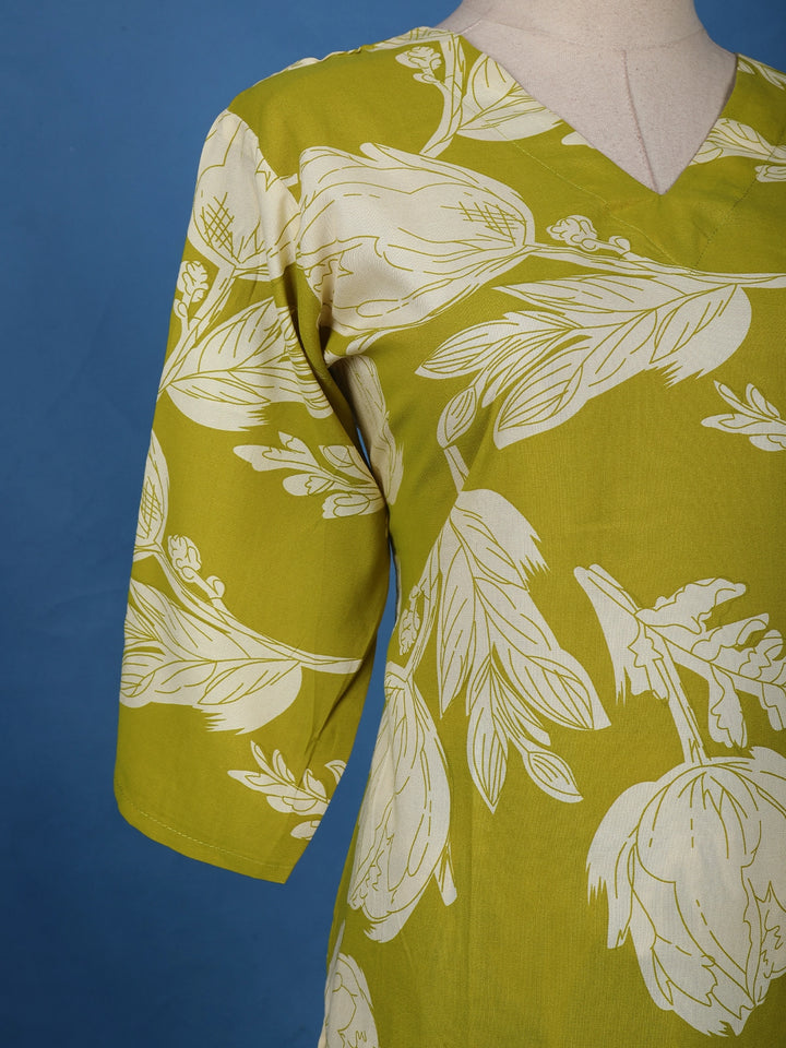 Olive Green Floral Printed Cotton Salwar Suit - Diadem