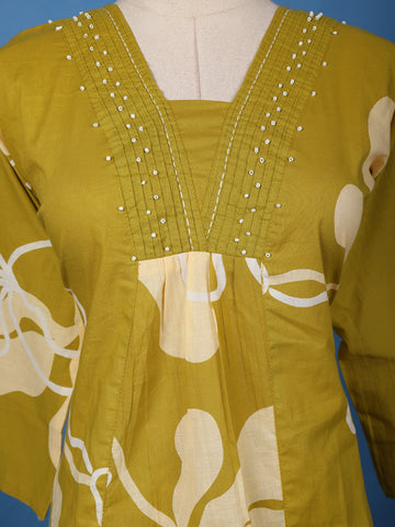 Olive Green Floral Printed Cotton Salwar Suit - Diadem