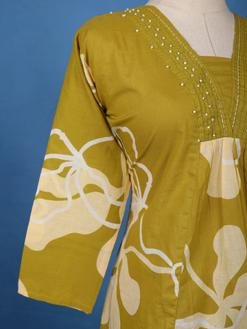 Olive Green Floral Printed Cotton Salwar Suit - Diadem