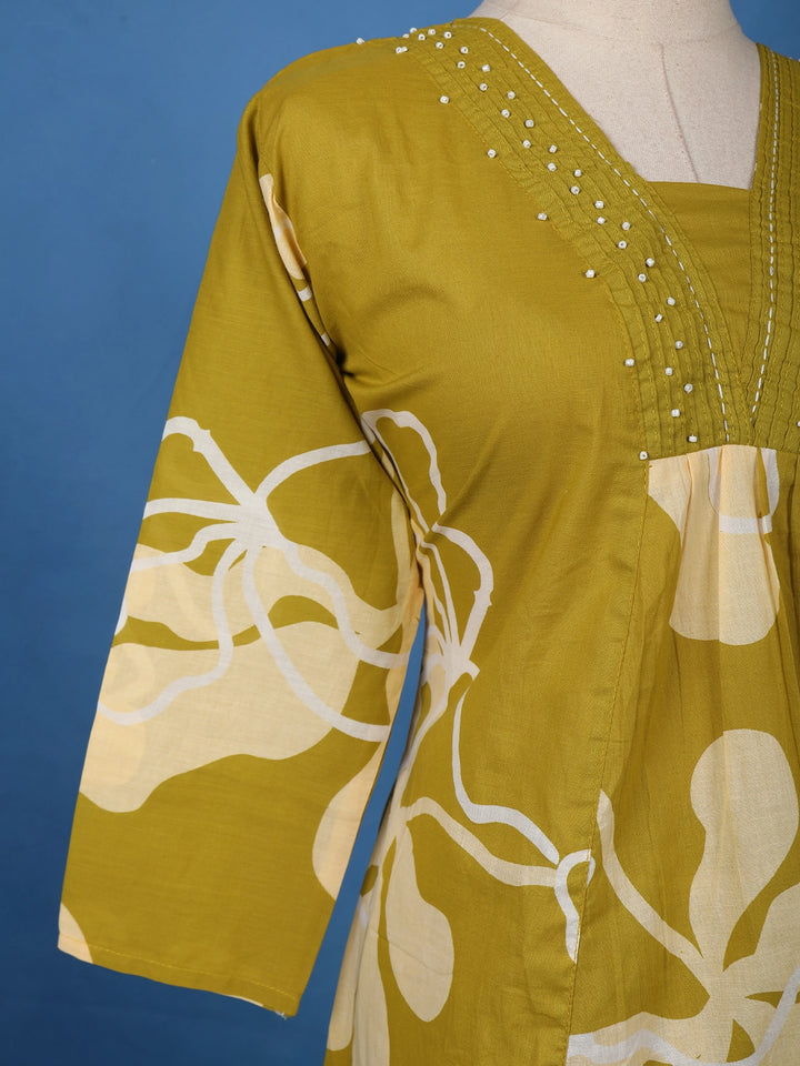 Olive Green Floral Printed Cotton Salwar Suit - Diadem
