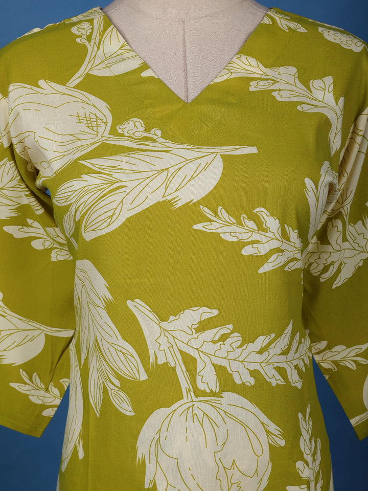 Olive Green Floral Printed Cotton Salwar Suit - Diadem