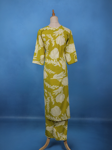 Olive Green Floral Printed Cotton Salwar Suit - Diadem