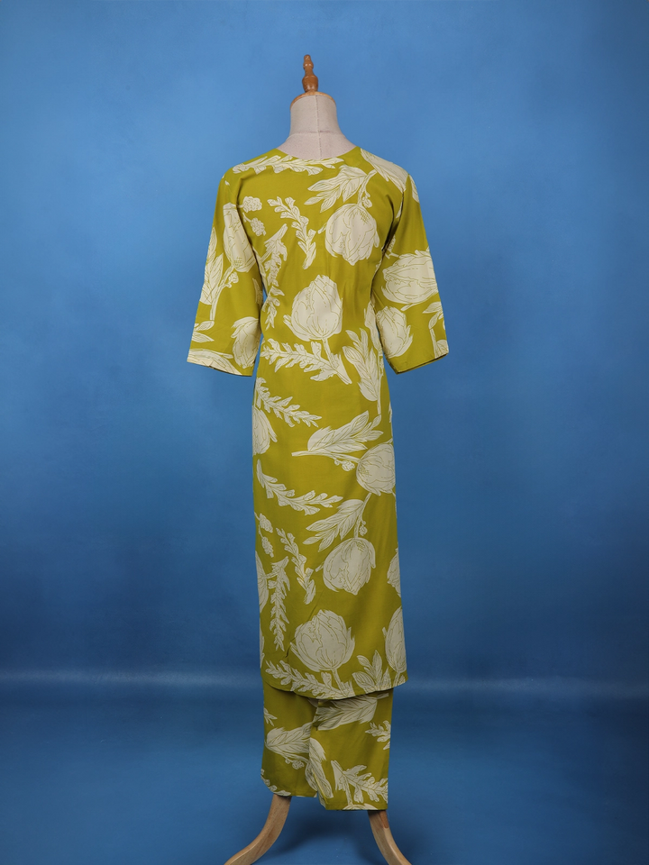 Olive Green Floral Printed Cotton Salwar Suit - Diadem