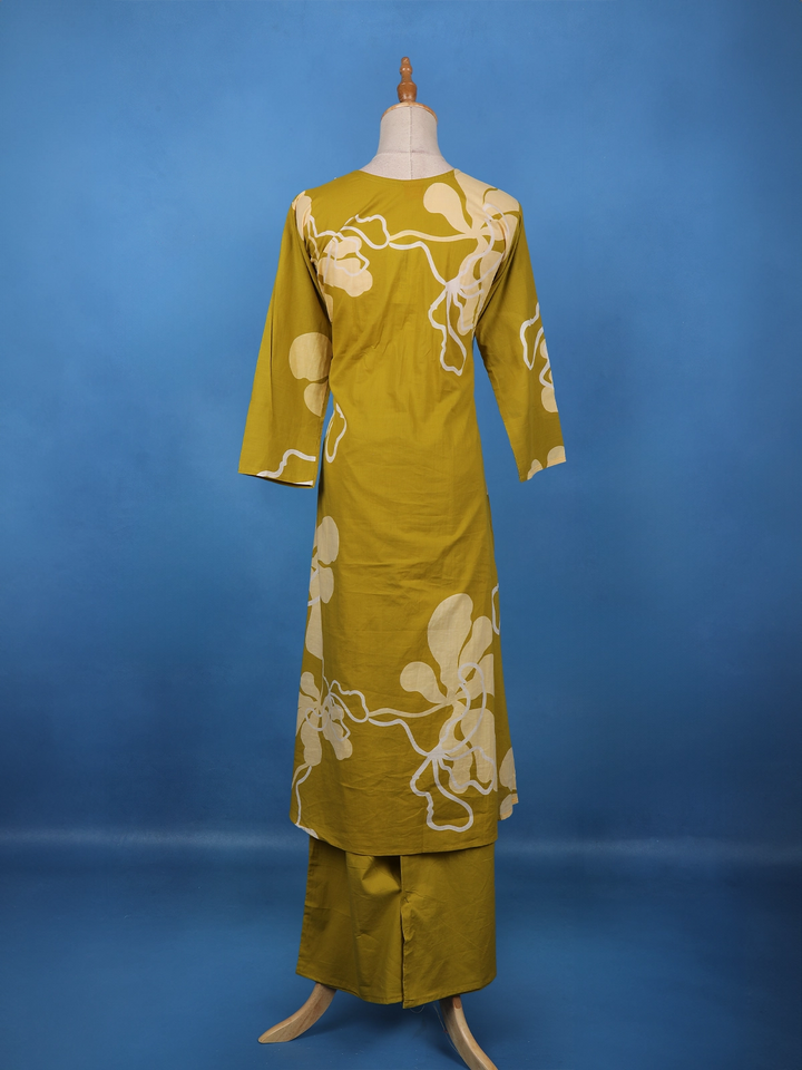 Olive Green Floral Printed Cotton Salwar Suit - Diadem