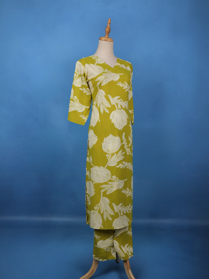 Olive Green Floral Printed Cotton Salwar Suit - Diadem