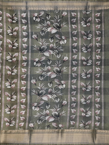 Olive Green Floral Printed Tissue Saree - Diadem