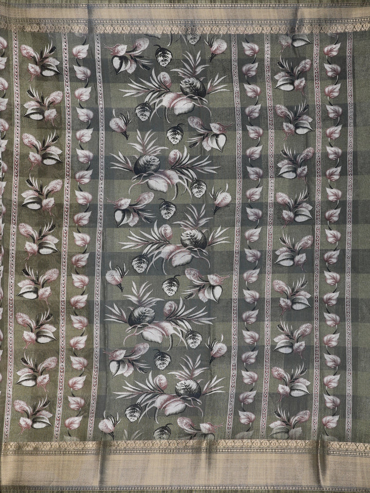 Olive Green Floral Printed Tissue Saree - Diadem